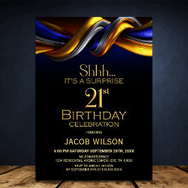 Invitación Modern Blue and Gold Surprise 21st Birthday Party