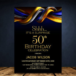 Invitación Modern Blue and Gold Surprise 50th Birthday Party