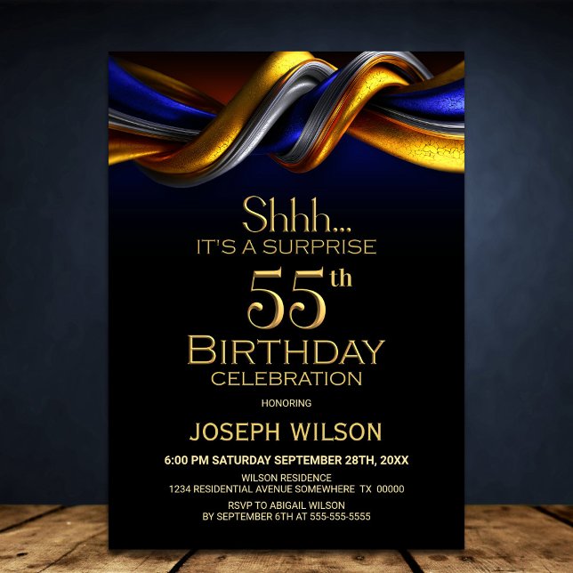Invitación Modern Blue and Gold Surprise 55th Birthday Party (Subido por el creador)
