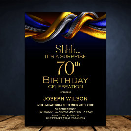 Invitación Modern Blue and Gold Surprise 70th Birthday Party