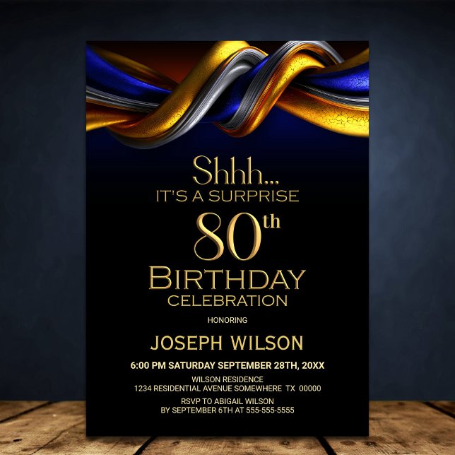 Invitación Modern Blue and Gold Surprise 80th Birthday Party (Subido por el creador)