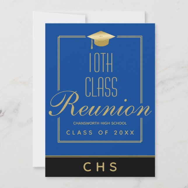 Invitación Modern Blue Black Gold Script 10th Class Reunion (Anverso)