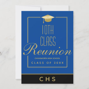 Invitación Modern Blue Black Gold Script 10th Class Reunion