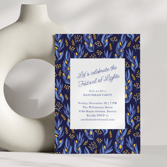 Invitación Modern Blue Botanical Family Hanukkah Party (Subido por el creador)