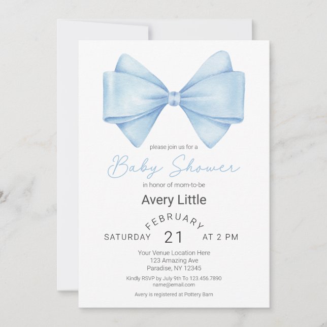 Invitación Modern Blue Bow Boy Baby Shower (Anverso)