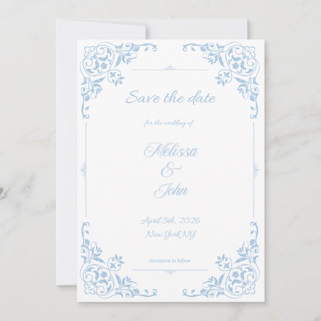 Invitación Modern Blue Filigree French Country Save the Date (Anverso)