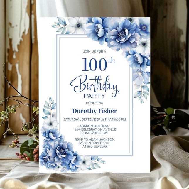 Invitación Modern Blue Floral 100th Birthday Party (Subido por el creador)