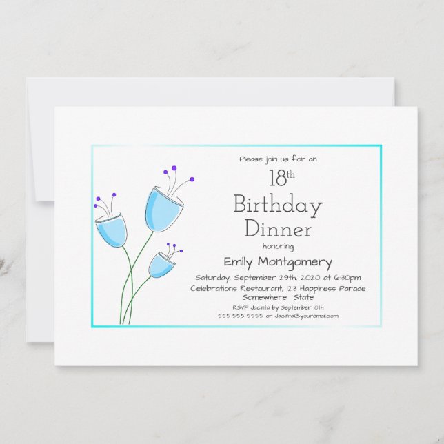 Invitación Modern Blue Floral 18th Birthday Dinner Fiesta (Anverso)