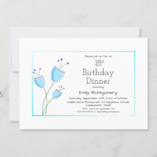 Invitación Modern Blue Floral 18th Birthday Dinner Fiesta