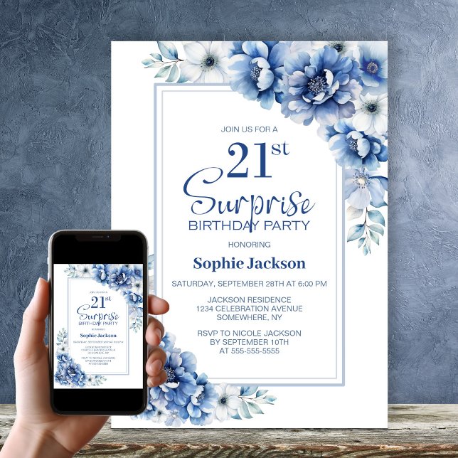 Invitación Modern Blue Floral Surprise 21ª Fiesta de cumpleañ (Subido por el creador)