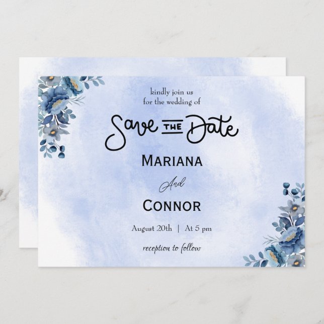 Invitación Modern Blue Floral Wedding Save the Date (Anverso / Reverso)