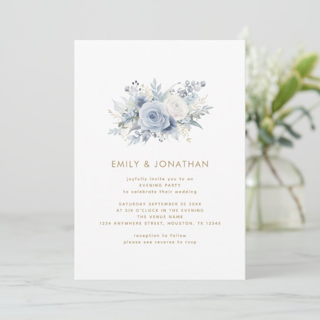 Invitación Modern Blue Florals Gold Boda QR Fiesta de la noch (Anverso de pie)