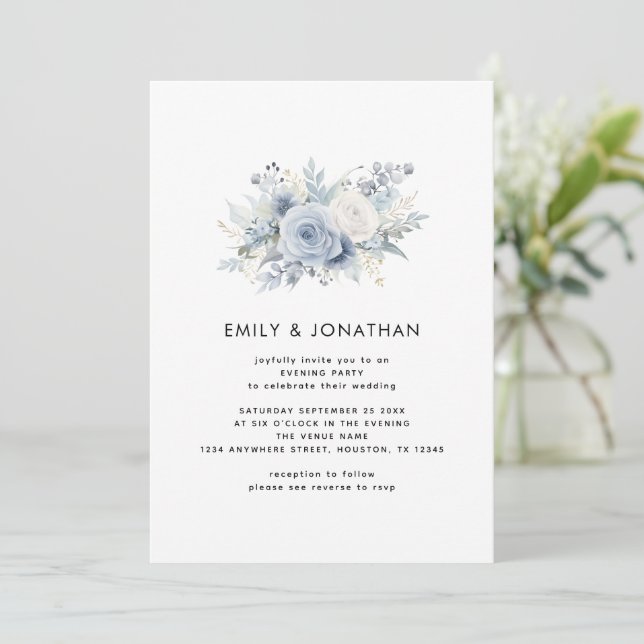 Invitación Modern Blue Florals QR Código Boda Fiesta de noche (Anverso de pie)