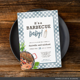Invitación Modern Blue Gingham Barbecue Baby Shower