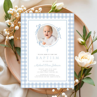 Invitación Modern Blue Gingham Bow Photo Boy Baptism