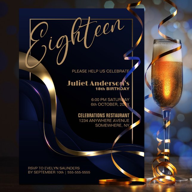 Invitación Modern Blue Gold 18th Birthday Party (Subido por el creador)