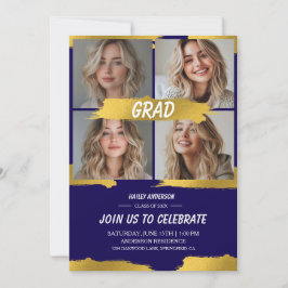 Invitación Modern Blue Gold 4Photo Graduation Party 