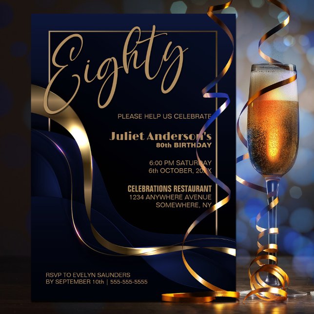 Invitación Modern Blue Gold 80 cumpleaños (Subido por el creador)
