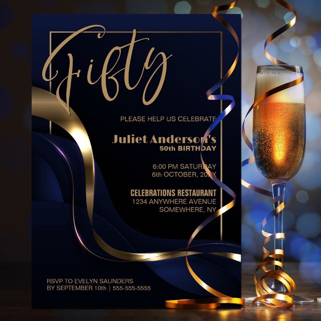 Invitación Modern Blue Gold Fiesta de cumpleaños número 50 (Subido por el creador)