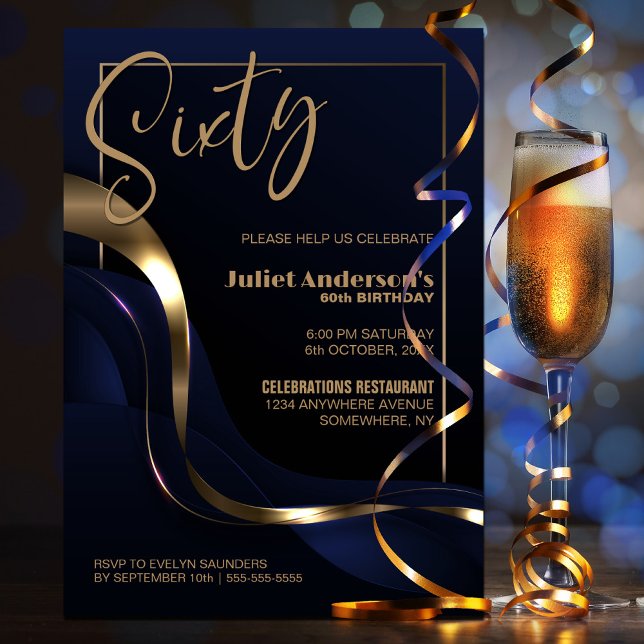 Invitación Modern Blue Gold Fiesta de cumpleaños número 60 (Subido por el creador)