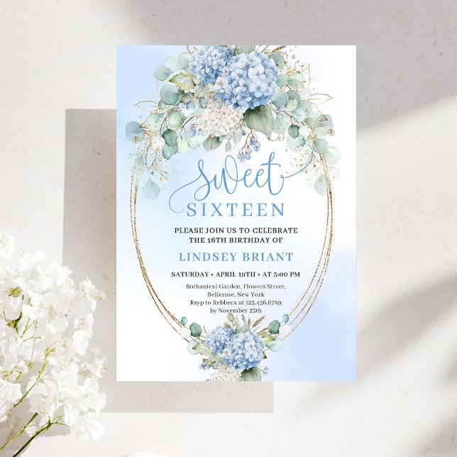 Invitación Modern Blue Hydrangea Eucalyptus 16th Birthday  (Modern Blue Hydrangea Eucalyptus 16th Birthday Invitation)