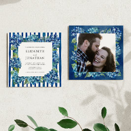 Invitación Modern Blue Hydrangeas Stripe Photo Wedding
