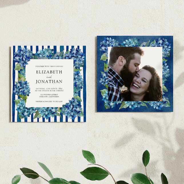 Invitación Modern Blue Hydrangeas Stripe Photo Wedding (Subido por el creador)