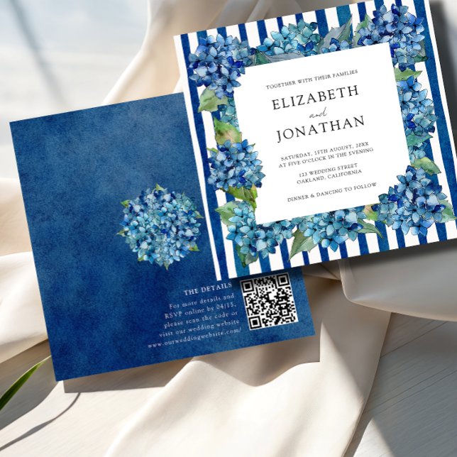 Invitación Modern Blue Hydrangeas Stripe RSVP QR Code Wedding (Subido por el creador)