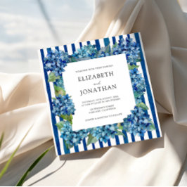 Invitación Modern Blue Hydrangeas Watercolor Stripe Wedding