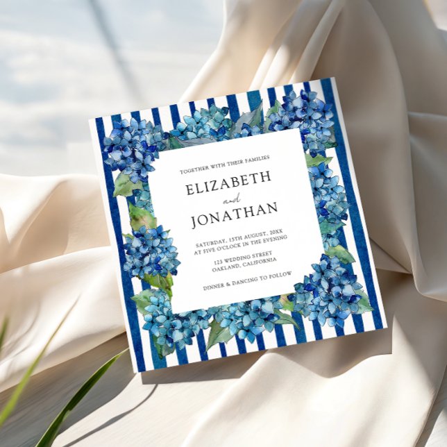 Invitación Modern Blue Hydrangeas Watercolor Stripe Wedding (Subido por el creador)