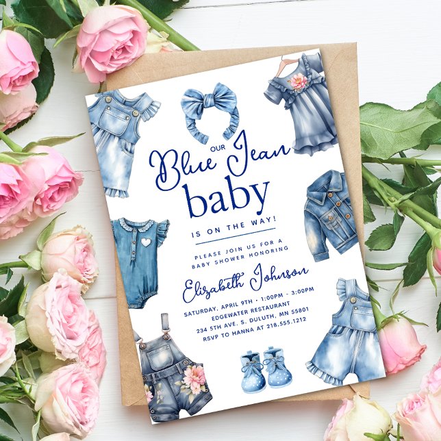 Invitación Modern Blue Jean Baby Denim Theme Chica Baby Showe (Modern Blue Jean Baby Denim Theme Girl Baby Shower Invitation)