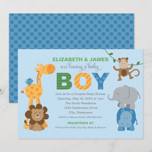Invitación Modern Blue Jungle Animals Boy Baby Shower (Anverso / Reverso)