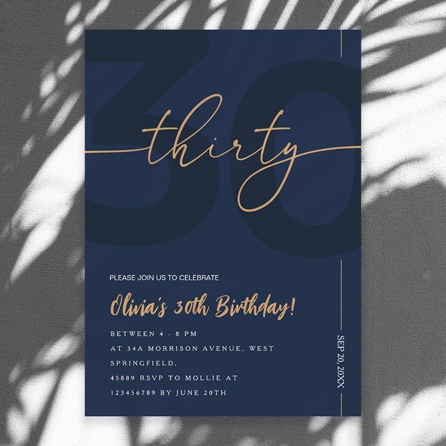Invitación Modern Blue Navy & Gold 30th Birthday Invitation (Subido por el creador)