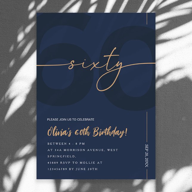 Invitación Modern Blue Navy & Gold 60th Birthday Invitation (Subido por el creador)