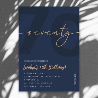 Invitación Modern Blue Navy & Gold 70th Birthday Invitation