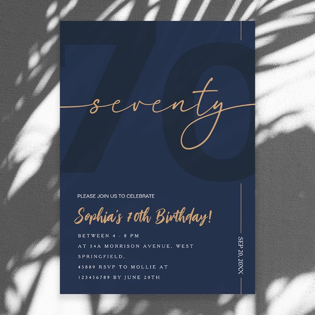 Invitación Modern Blue Navy & Gold 70th Birthday Invitation (Subido por el creador)
