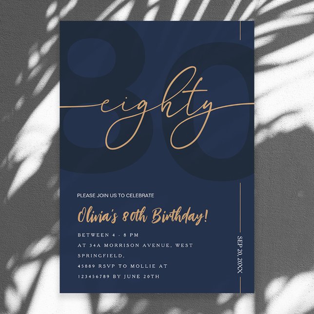 Invitación Modern Blue Navy & Gold 80th Birthday Invitation (Subido por el creador)