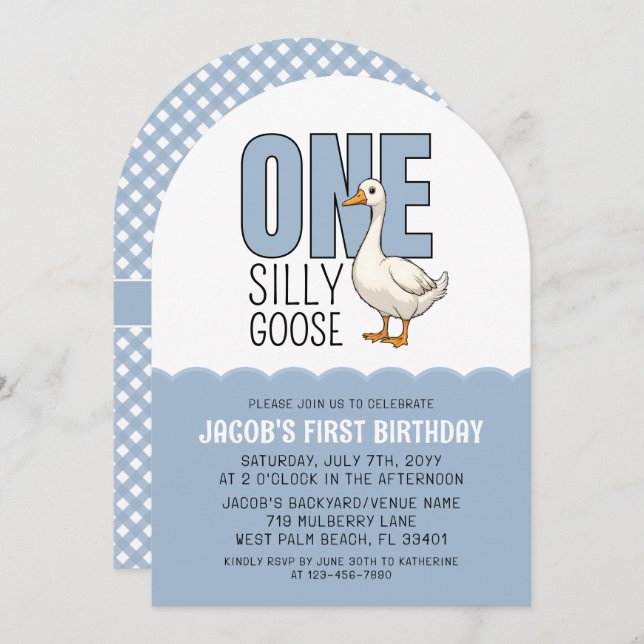 Invitación Modern Blue One Silly Goose 1st Birthday Party (Anverso / Reverso)