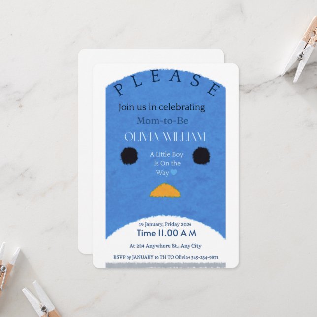Invitación Modern Blue Penguin Baby Shower Invitation | Whims (Anverso/Reverso In Situ)