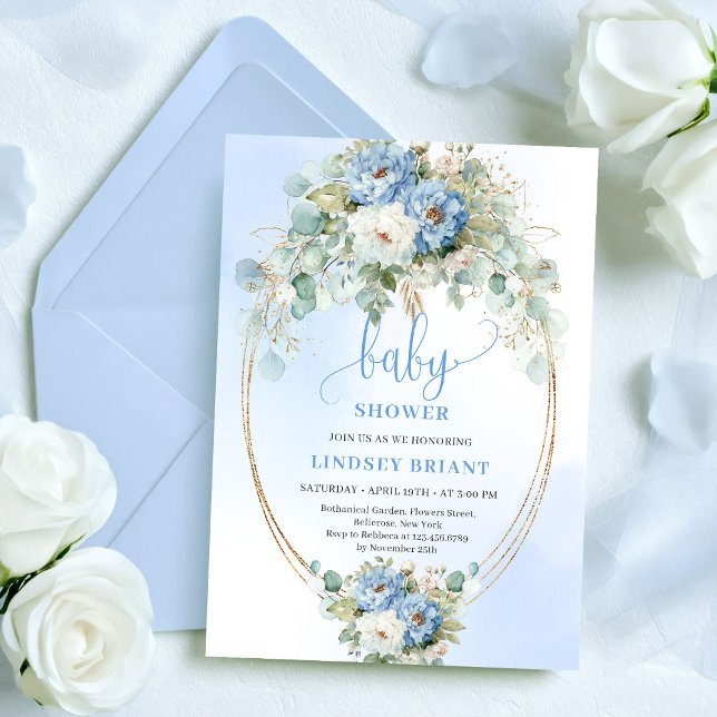 Invitación Modern Blue Peony Gold Frame Baby Shower Invite (Modern Blue Peony Gold Frame Baby Shower Invite

)