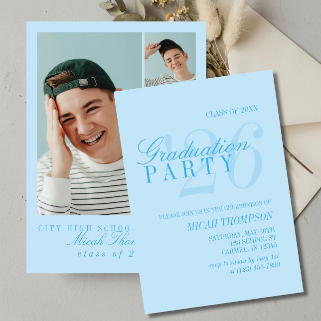 Invitación Modern Blue Photo Graduation Party (Modern Blue Photo Graduation Party Invitation)