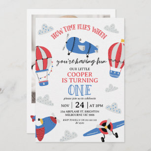 Invitación Modern Blue Red Photo How Time Flies 1er cumpleaño