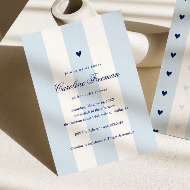 Invitación Modern Blue Stripe Heart Valentine Baby Shower (Subido por el creador)