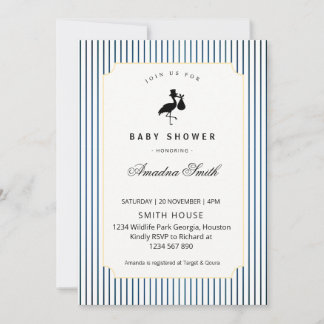 Invitación Modern Blue Stripes Stork Silhouette Baby Shower