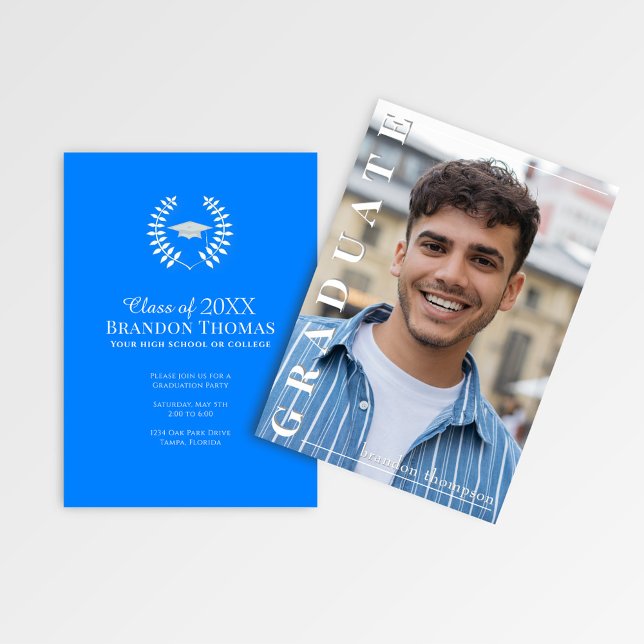 Invitación Modern Blue Vertical Name Graduation Photo Card (Bold blue graduation announcement featuring vertical “Graduate” text and customizable party info.)