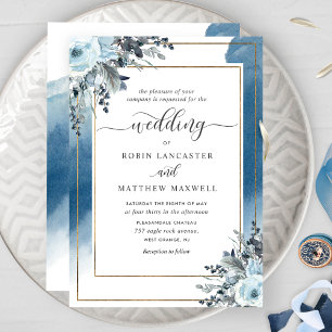 Invitación Modern Blue Watercolor and Blue Floral Wedding