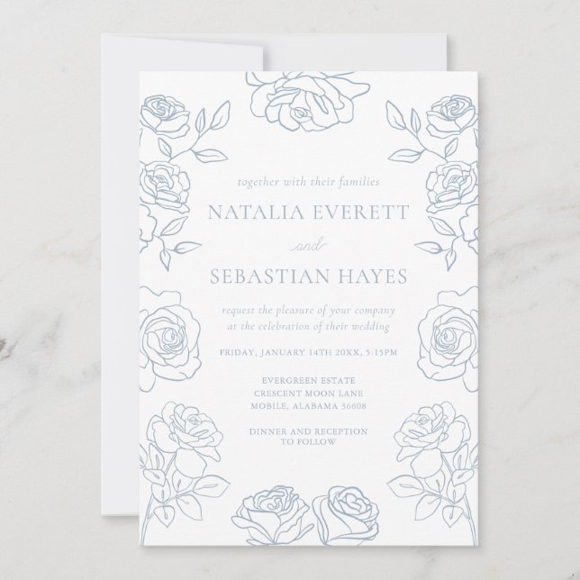 Invitación Modern Blue & White French Roses Wedding (Anverso)