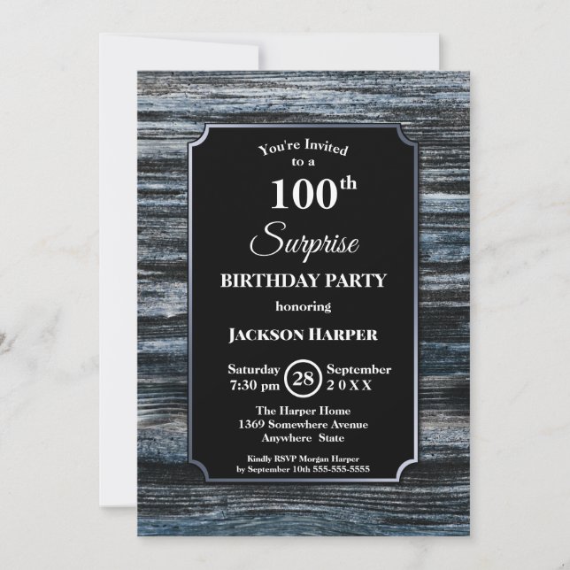 Invitación Modern Blue Wood Sorpresa 100 cumpleaños fiesta (Anverso)