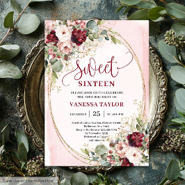 Invitación Modern Blush Burgundy Gold Floral Sweet Sixteen 