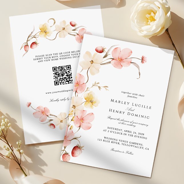 Invitación Modern Blush Floral QR Code All In One Wedding (Subido por el creador)